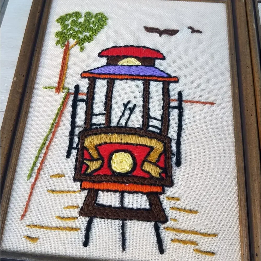 Vintage 1970s Handmade Art Needlepoint Trolley & Boat Framed Art Boho Nautical